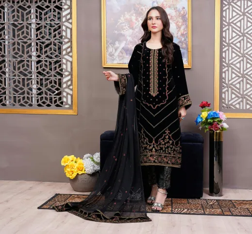 Embroidered Velvet Shirt by CCF Classic Color Fashions Worn by Pakistani Model