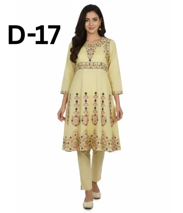Women’s embroidered paper cotton frock and shirt set with elegant traditional design