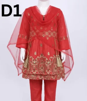 Embroidered 3‑piece linen children’s dress set in cotton and linen fabric including frock, trouser, and dupatta by Classic Color Fashions CCF, priced at PKR 999.