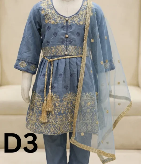 Embroidered 3‑piece linen children’s dress set in cotton and linen fabric including frock, trouser, and dupatta by Classic Color Fashions CCF, priced at PKR 999.