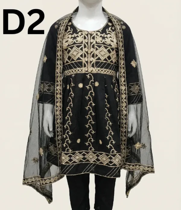 Embroidered 3‑piece linen children’s dress set in cotton and linen fabric including frock, trouser, and dupatta by Classic Color Fashions CCF, priced at PKR 999.